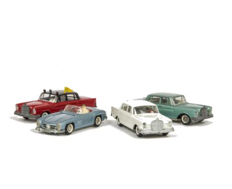 Mercedes-Benz by Tekno, 924 Mercedes-Benz 300 SL, light metallic blue, 726 Mercedes-Benz 220 SE, three examples, first white 