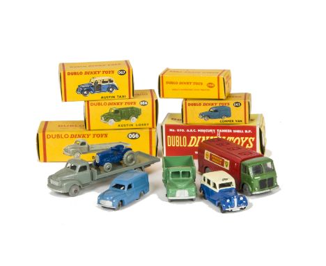 Dublo Dinky Toys, 067 Austin Taxi, black plastic wheels, 063 Commer Van, 066 Bedford Flat Truck, 069 Massey Harris Tractor, 0