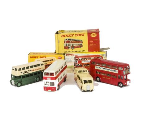 Dinky Toy Buses & Coaches, 289 Routemaster Bus, 'Schweppes', 290 Double Deck Bus, third type, dark green/cream, 'Dunlop' adve