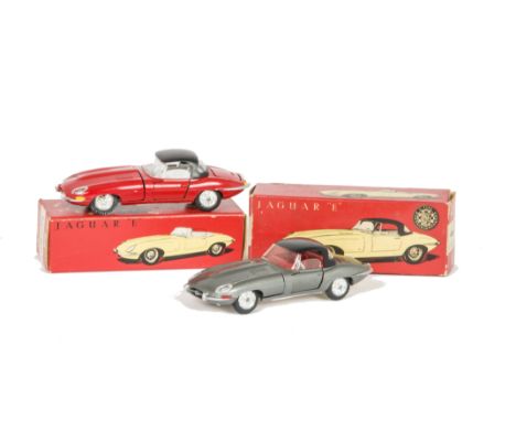 Tekno 927 Jaguar E Type, two examples, first red body, off-white interior, black roof, plated hubs, second metallic grey body