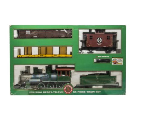 A Bachmann G-Scale 'Big Hauler' Radio-Controlled American 4-6-0 Freight Set, the loco and tender in AT&SF green as no 9, with