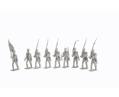 Mignot 7cm scale castings of 19th Century French Infantry (9),  complete with separately cast heads, packs, rifles etc, VG, (