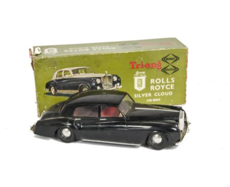 Tri-ang Minic 1/20 Scale battery operated Rolls Royce Silver Cloud, in black with red interior, in original box, F, lacks mas