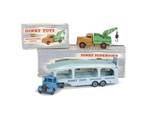 Dinky Supertoys 982 Pullmore Car Transporter With Ramp, mid-blue cab and hubs, light blue back, 430 Breakdown Lorry, tan cab,