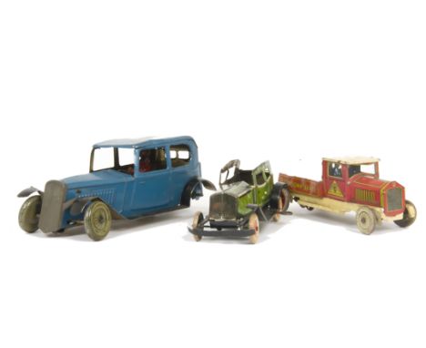 Tri-ang and Wells Tinplate Vehicles, Tri-ang large scale blue saloon with driver, P-F, lacks one wheel, damage to front chass