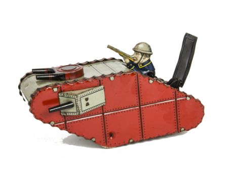 A German clockwork World War I Tank, in red and grey with blue uniformed  grey helmet sniper/rifleman popping out of rear hat