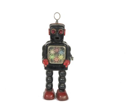 Yoshiya (KO) Japan High-Wheel Robot, black tinplate body, red feet and hands, fixed key clockwork mechanism, clear plastic ch