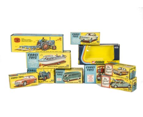 Empty Corgi Toys Boxes, including Gift Set 13 Fordson Power Major Tractor & Plough, 468 Routemaster Bus, 433 VW Delivery Van,