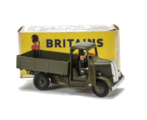 Britains round-nose post WW2 version 4 wheel Army Lorry complete with driver, with a box for 1877 Beetle Lorry, lorry VG, box