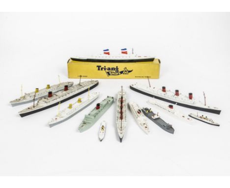 Tri-ang Minic Merchant Navy vessels, including Aquitania (2, one in original box), unboxed United States, Queen Mary, Queen E