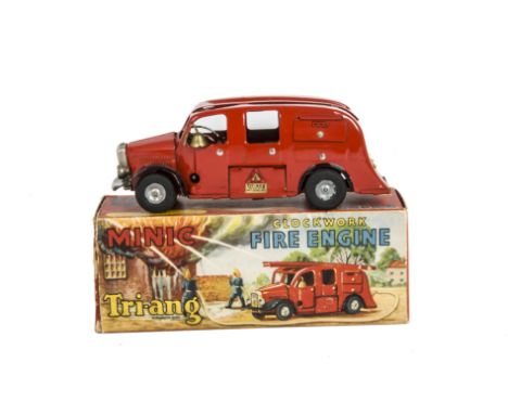 A Tri-ang Minic tinplate clockwork Fire Engine, with original box, G-VG ,lacks ladder and hose, box G 