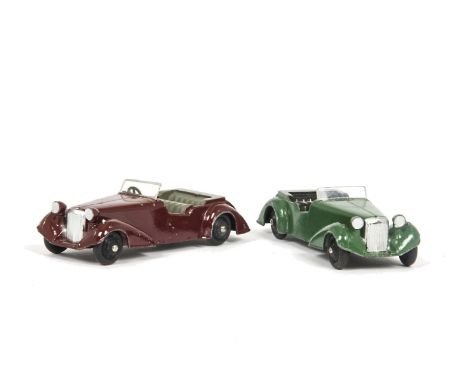 Pair Of Dinky Toys 38d Alvis Sports Tourers, first maroon body, grey interior, black ridged hubs, second dark green body, bla