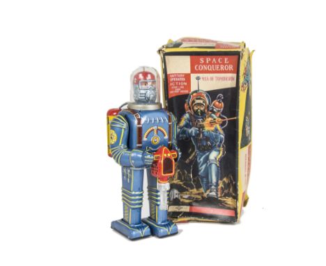 Daiya Japan Space Conqueror, tinplate battery-operated toy with detailed tinprinted body, in blue with yellow/red tanks, clea