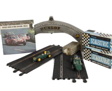 Scalextric 1950S-1960s Cars and Accessories, MMC52 blue tinplate Ferrari with driver, MMC54 green Lotus , MMC55 green Vanwall