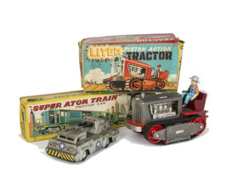 Nomura (TN) Japan Piston Action Tractor, battery operated, metallic grey/red body, friction drive Sato Toys Super Atom Train,