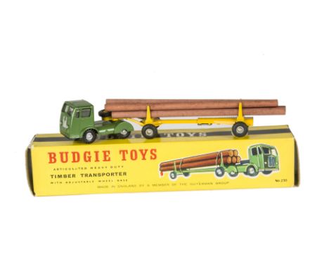 A Budgie Toys No.230 Seddon Timber Transporter, green cab unit, with glazing, yellow trailer, five logs, in original box, VG-