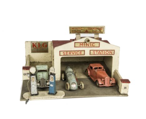 Tri-ang Minic Tinplate clockwork cars and Minic Garage, Sports Saloon repainted light green, Open Touring Car repainted (poor