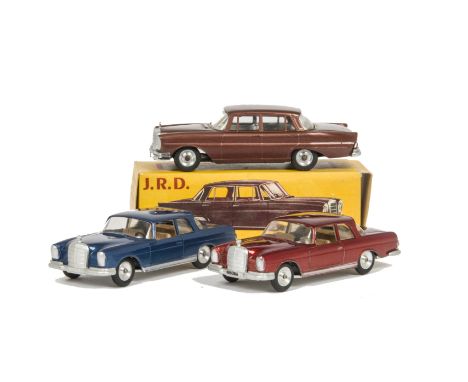 A J.R.D Ref.153 Mercedes-Benz 220 S, metallic brown body, grey interior, spun hubs, in original box, loose Solido Ref.126 Mer
