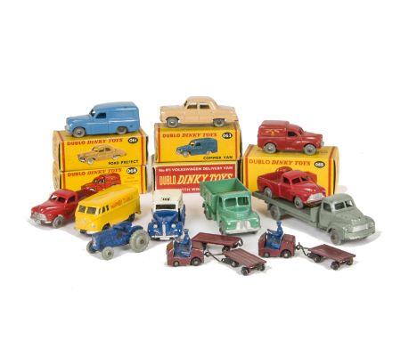 Dublo Dinky Toys, 071 Volkswagen Delivery Van, 063 Commer Van, 068 Royal Mail Van, 061 Ford Prefect, 065 Morris Pick-Up, in o