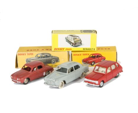 French Dinky Toys 24e Renault Dauphine, brick red body, convex plated hubs, 24b Peugeot 403 8cv, light grey body, convex plat