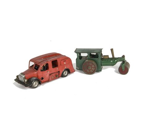 Tri-ang Minic Tinplate clockwork Fire Engine and Road Roller, Fire Engine in red with three Firemen, lacks hose and ladder, o