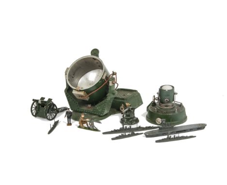 Military Toys, including large Astra ¼-mile Searchlight, Britains Field Gun, Johillco Tank, waterline models including Britis