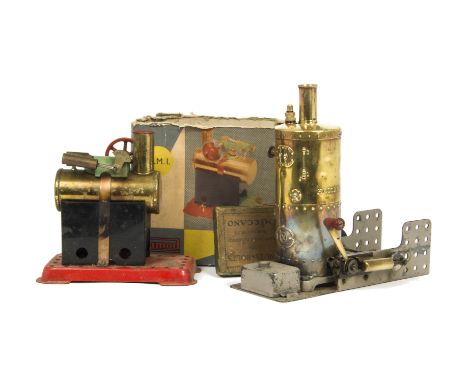 Meccano and Mamod Static Live Steam Engines, 1920s Meccano polished brass verticle steam boiler with burner and piston fitted