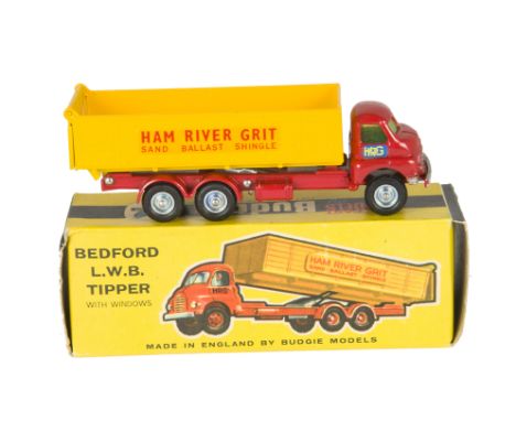 A Budgie Toys No.276 Bedford LWB Tipper, red cab and chassis, with glazing, yellow tipper, 'Ham River Grit' decals, in origin