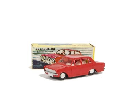 A Woolbro (Hong Kong) Friction Drive Vauxhall 101, red plastic body, white interior, silver trim, dog in rear window, 'Jimson