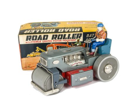 Nomura (TN) Japan Road Roller, tinplate battery operated model, metallic grey body, red chassis, removable driver, clear plas