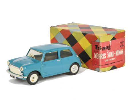 A Tri-ang Minic 1/20 Scale  plastic battery operated Mini-Minor, in blue/turquoise, numberplate ZPH 652, in original box, E, 