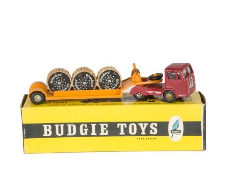 A Budgie Toys No.232 Seddon Low Loader, red cab unit, with glazing, orange trailer, three wooden 'Standard' cable drums, in o