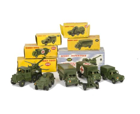 Military Dinky Toys, 676 Armoured Personnel Carrier, 621 3-Ton Army Wagon, 692 5.5 Medium Gun, 661 Recovery Tractor, 641 Army