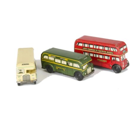 Wells Brimtoy Pocketoy Green Line Single Deck Bus, tinplate clockwork model with black plastic wheels, similar cream and gree