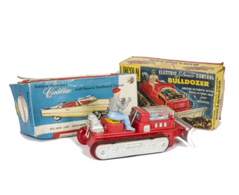 Lincoln International (Hong Kong) Automatic Control Bulldozer, plastic battery-operated toy, red body, clear plastic engine c