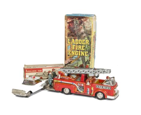 Nomura (T.N) Japan Tinplate Battery Operated Ladder Fire Engine, detailed tinprinted exterior with four firemen figures, exte