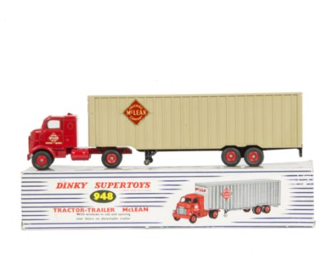 A Dinky Supertoys 948 McLean Tractor Trailer, red cab, fawn trailer, red plastic hubs, in original box, VG, retouching around