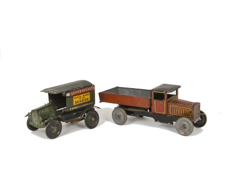 Wells Brimtoy Carter Paterson Tinplate Truck and Lorry, van in green red and black ( lacks clockwork motor and internal fitti