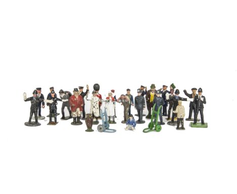 Gauge I and larger lead figures by Britains Hilco and others, Briatins Farmer and and Huntsman, Policemen by Britains and Cre
