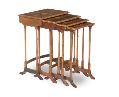 A quartetto of mahogany and marquetry inlaid tables, early 20th centuryThe rectangular inlaid tops with husk, swag and cartou