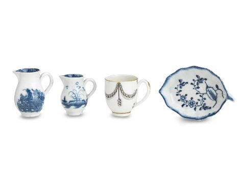 A Lowestoft pickle dish and two English blue and white miniature jugsLate 18th centuryThe pickle dish 9cm long, the smaller j