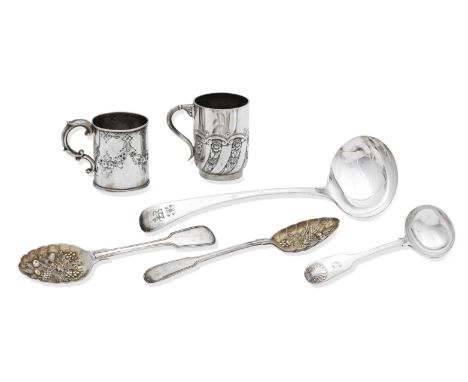 A collection of silvervarious makers and dates To include two christening mugs, a soup ladle,  Sheffield 1901, four sauce lad