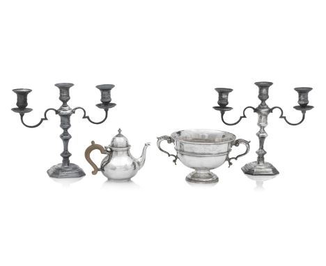 A pair of Queen Anne style modern silver candelabra and teapotby Adie Bros., Birmingham 1960/61 and D &amp; J Wellby Ltd, 193