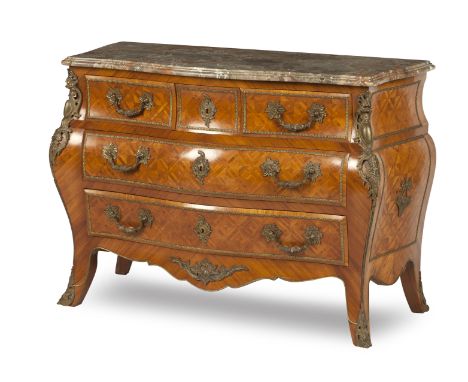 A French 18th century style parquetry and ormalu mounted commodeOf bombe shape with moulded variegated marble top above three