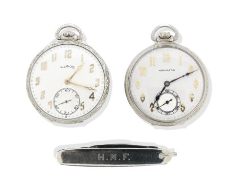 Hamilton and Illinois. Two late 19th/early 20th century 14k white gold American open faced keyless pocket watchesThe first ex