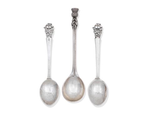 Omar Ramsden; a silver spoon with thistle terminal and two with ship terminals,London 1931, 1935 and 1937 respectively All of