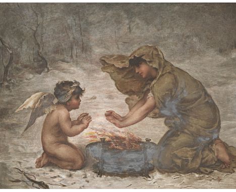 A hand painted framed ceramic plaqueLate 19th centuryOf rectangular form, depicting a wintry scene showing a winged putto and