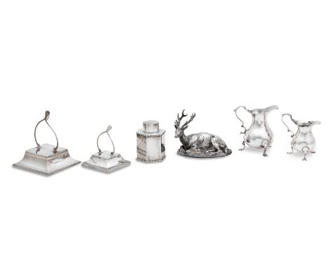 A collection of silvervarious makers and dates To include a small table stag ornament, by R.H.Lawton, London 1983, two wishbo