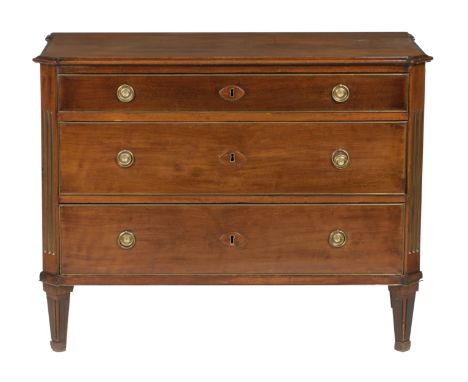 A 19th Century French walnut commodeThe rectangular top with canted angles and moulded edge, above three graduated drawers, r