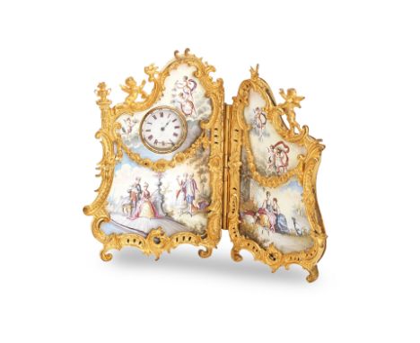 A LATE 19TH/EARLY 20TH CENTURY GILT METAL AND VIENNESE ENAMEL TIMEPIECE IN THE FORM OF A TWO FOLD SCREENthe 1 1/4 inch dial w